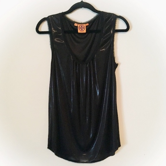 Tory Burch Tops - Tory Burch Fringe Black Shine Sleeveless Tank Top